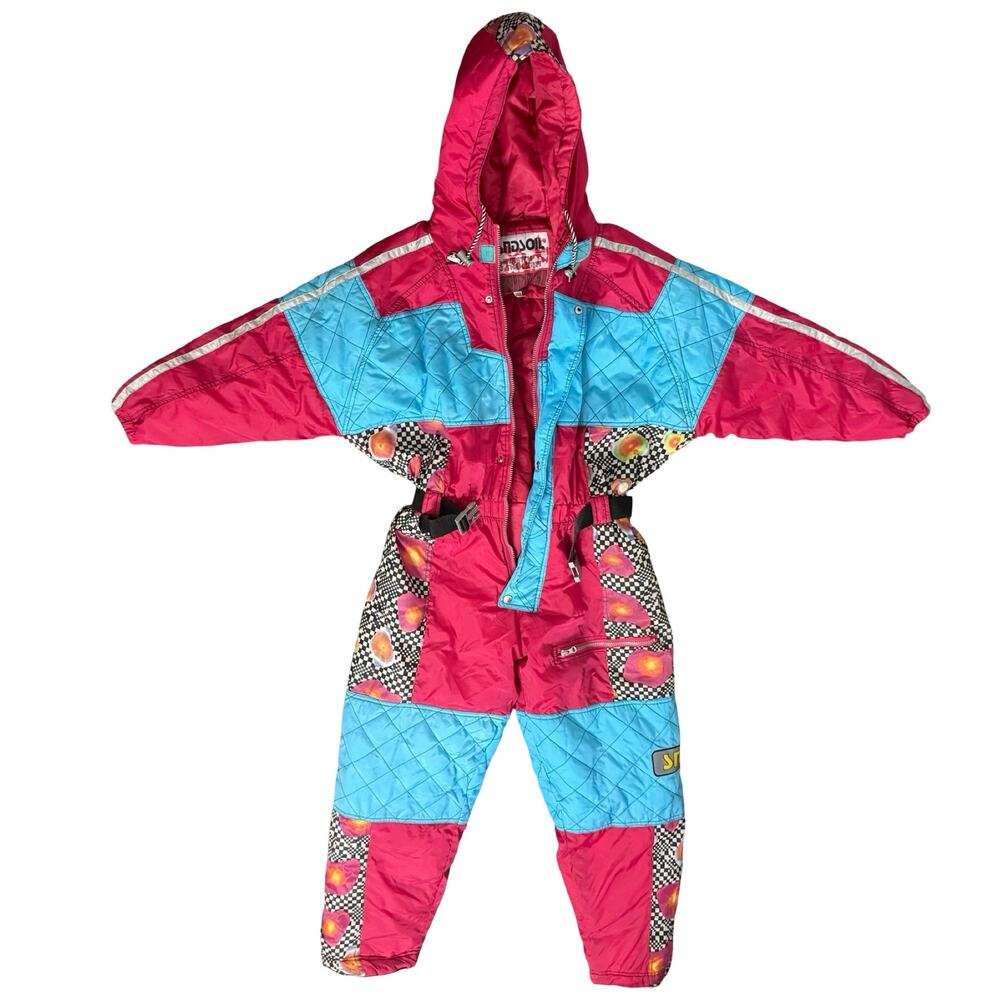 Vintage 90s Blue Pink Checkerboard Hooded Ski Suit One Piece Size S *GOOD* - Picture 11 of 16